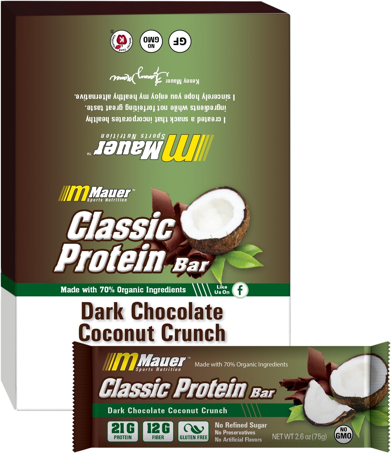 Mauer Sports Nutrition Classic Protein Bars, Dark Chocolate Covered Coconut Crunch, 12 Count