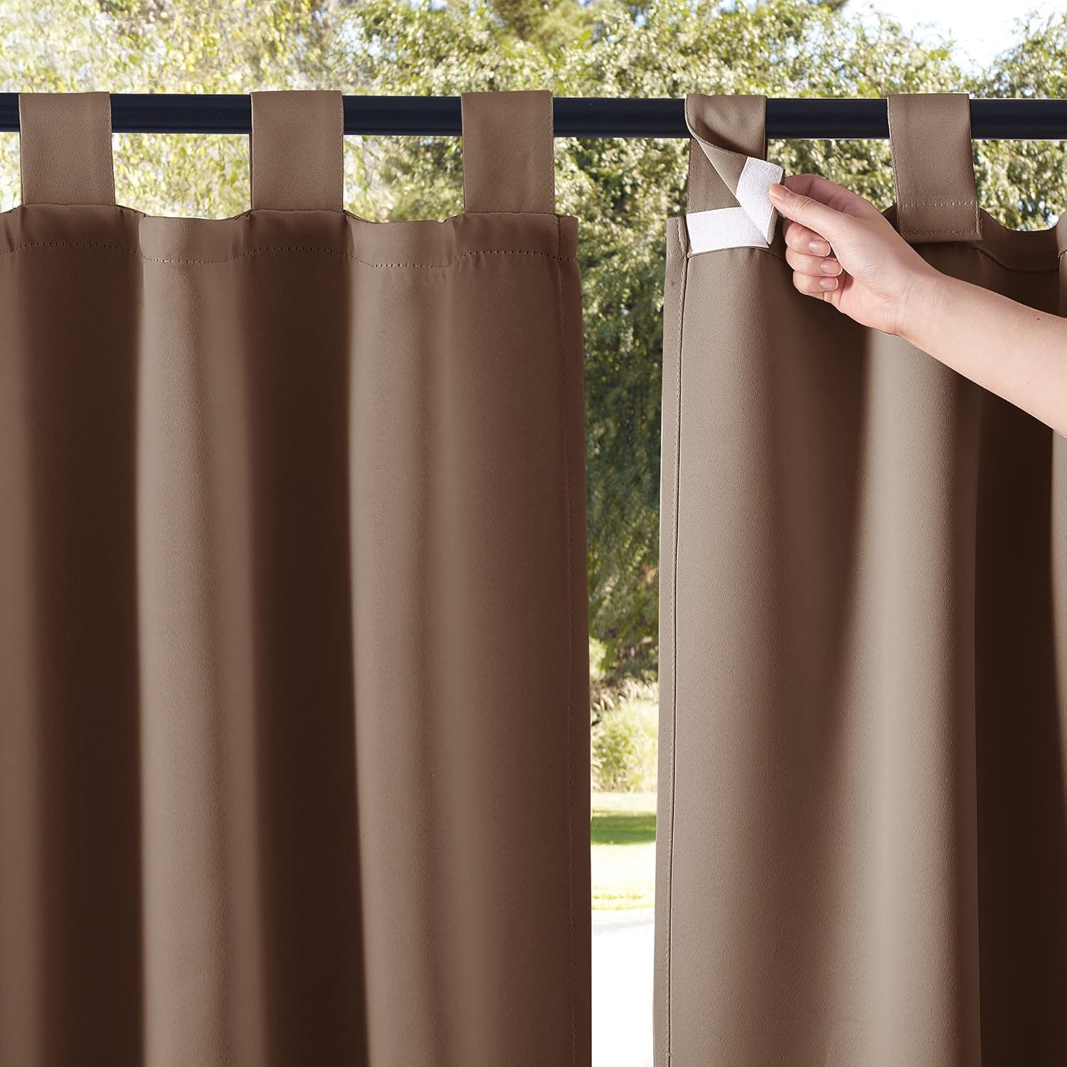 Outdoor Curtains - NICETOWN Porch Curtains Outdoor Waterproof for Patio Set of 2, Self-Stick Tab Top Blackout Indoor Outdoor Dividers Vertical Blinds Keep Privacy for Pergola/Patio, W52 by L84 inches, Tan
