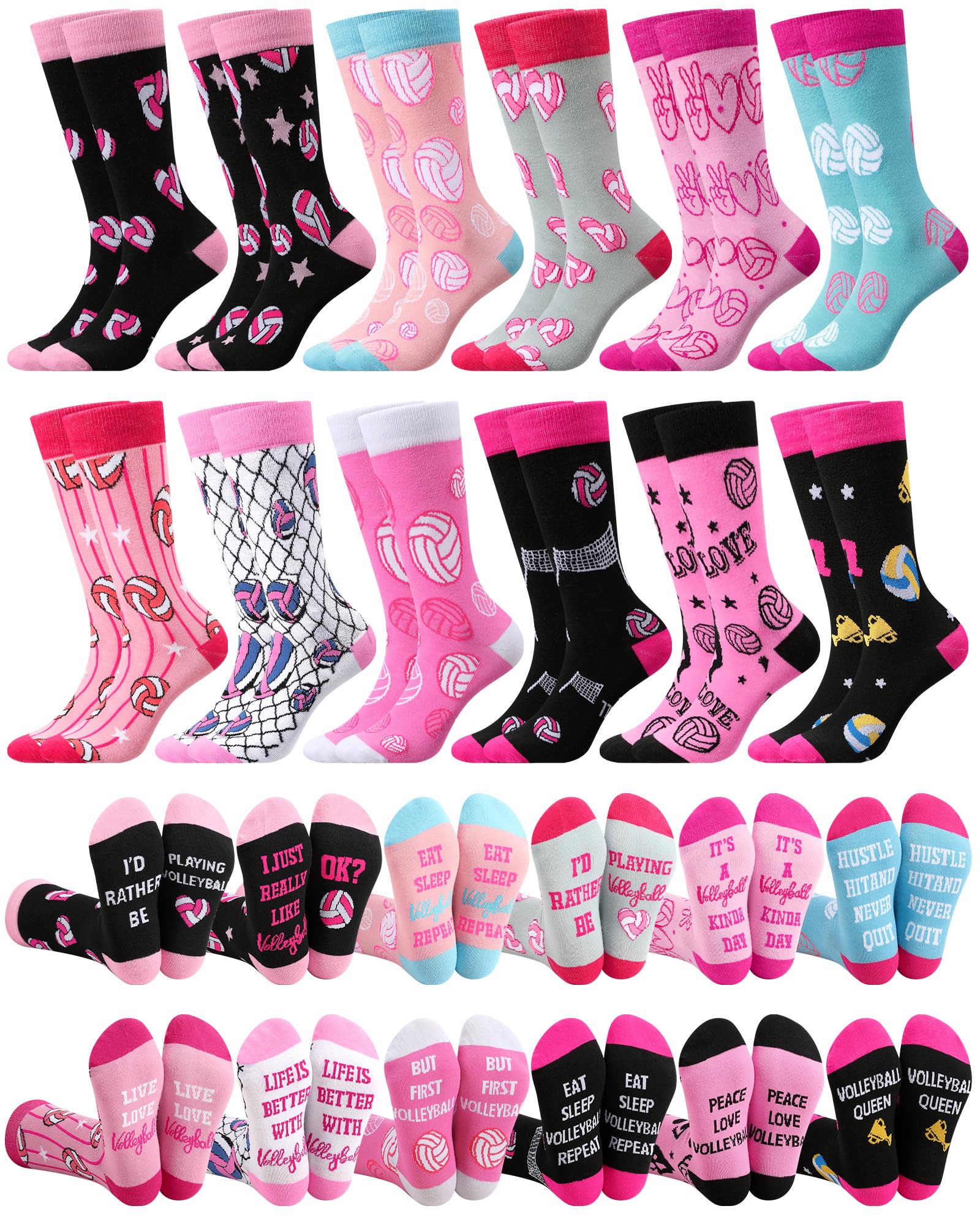 Photo 1 of Patelai 12 Pairs Pink Volleyball Socks for Women Funny Novelty Crew Sock Bulk Sport Socks Gifts for Volleyball Lovers Female Players Athletes Coach