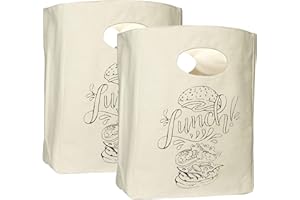 ORGANIC COTTON MART Organic Cotton Canvas Lunch Bag - Eco Friendly & Machine Washable | Perfect for Men, Women & Kids - Easy to Clean Water Resistant (White with Black Print - 2 Pack)