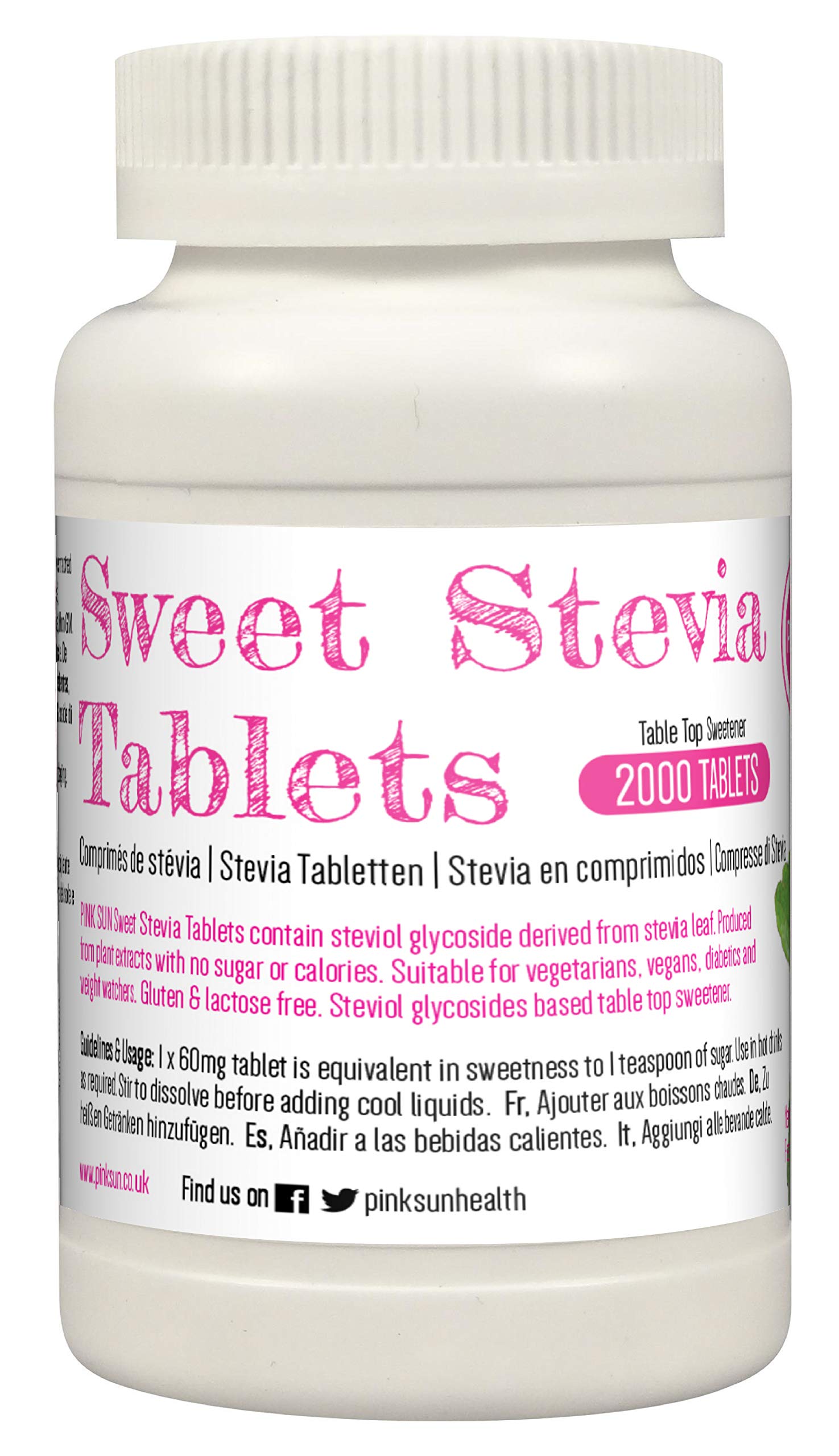 PINK SUN Stevia Tablets x 2000 Refill Tabs (Top up for 500 Tablet Dispenser) Sweetener Sugar Alternative Replacement Vegetarian Vegan Gluten Free Low Carb Non GM Zero Calories Bulk Buy