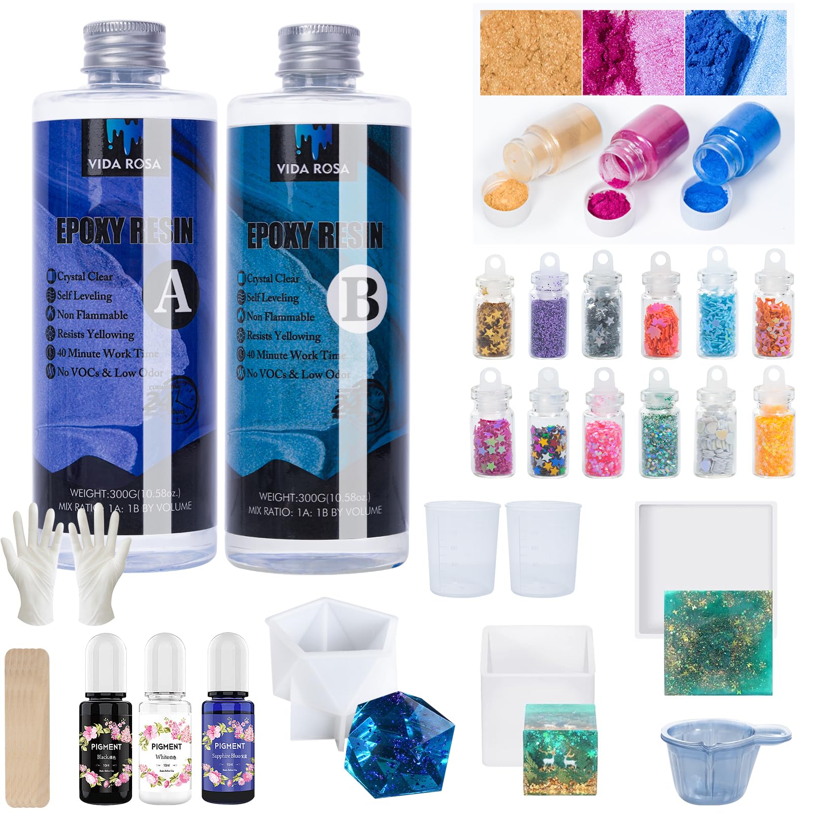 VidaRosa Epoxy Resin Crystal Clear Kit for Beginners，600ml/ 21.16oz Starter Kits with Molds，Pigment，Resin Accessories, Coating and Casting Coaster Molds for Art, Crafts, Jewelry