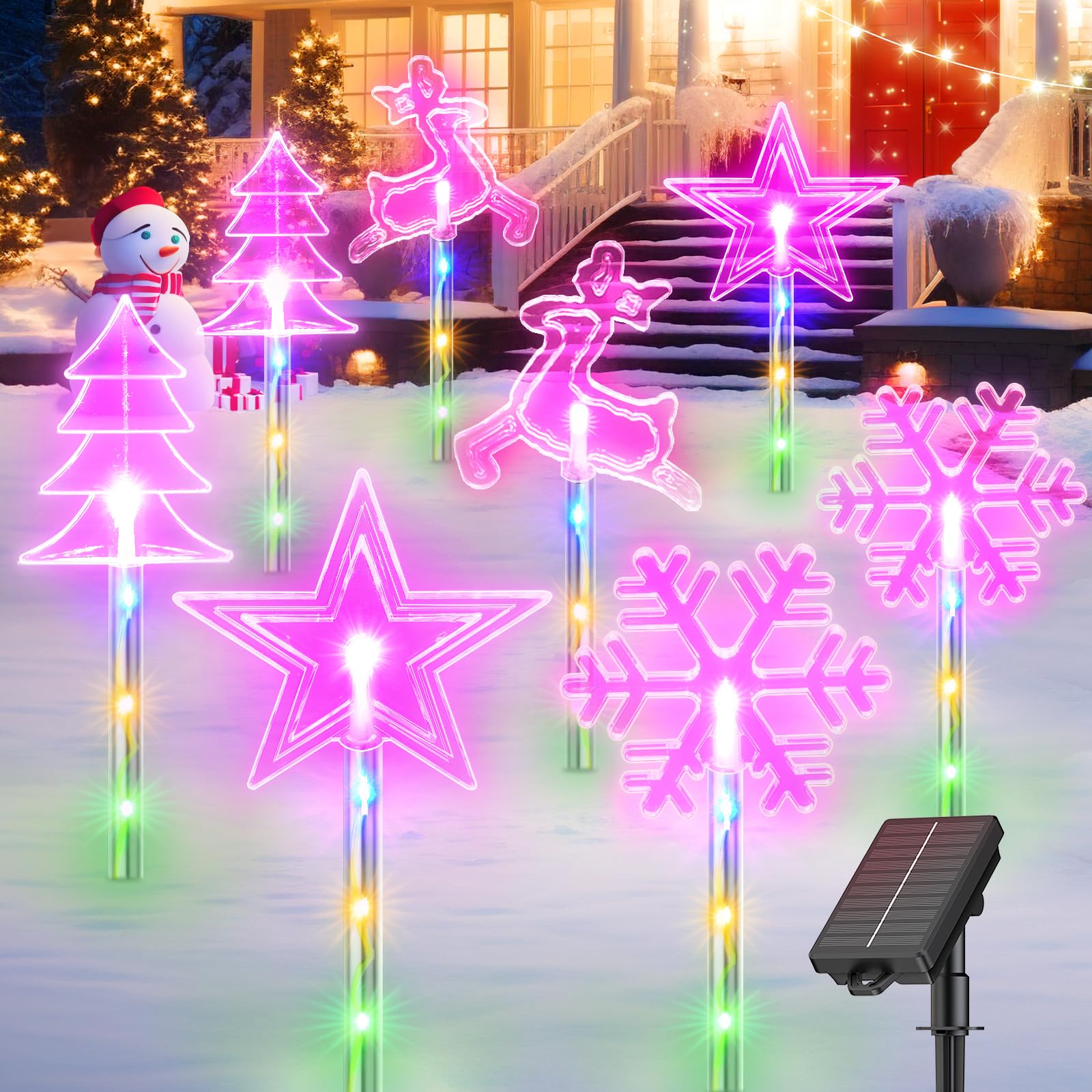 Photo 1 of 8 Pack Christmas Decorations Outdoor, RECHOO Colorful 4 Shapes Solar Christmas Lights with 32 Bright LED and 10 Lighting Modes, Colorful Waterproof Outdoor Christmas Decorations for Pathway Yard