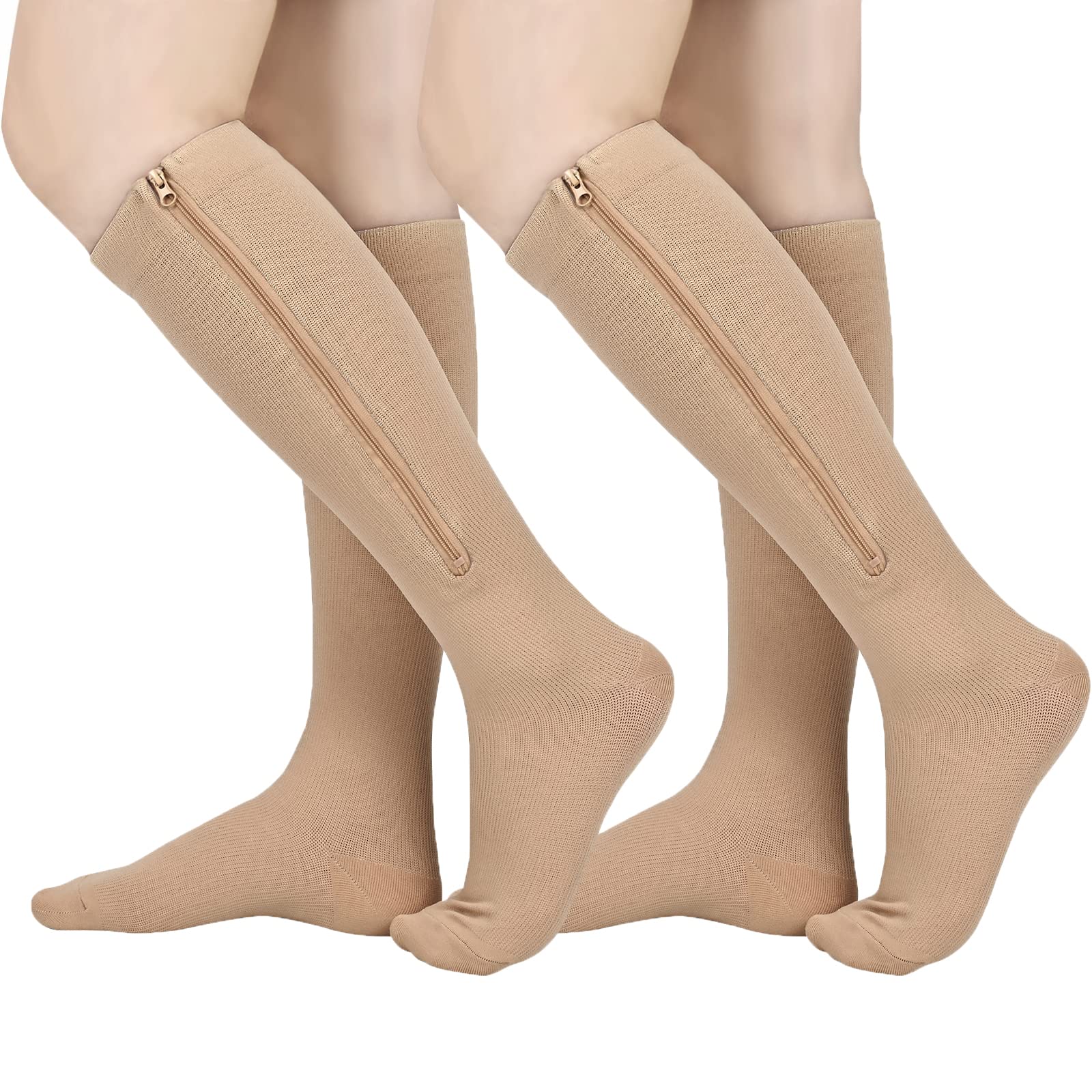 Photo 1 of 2 Pairs Zipper Compression Socks Women and Men, Closed Toe Compression Stocking, 15-20 mmHg Knee high compression socks for Edema, Varicose Veins, Swollen Sore