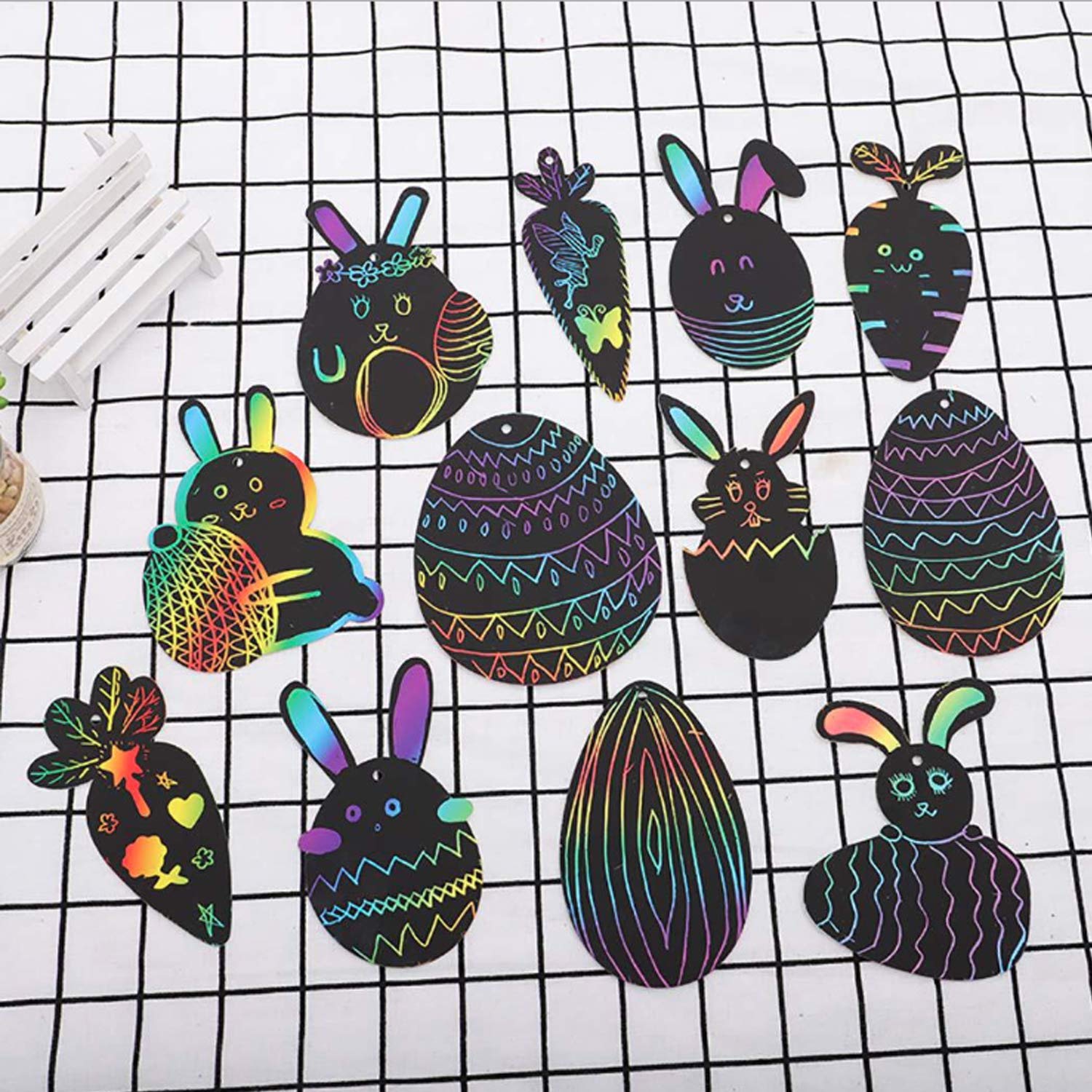 SOFUN 108 Pieces Easter Scratch Paper Ornaments with 12 Styles Easter Scratch Art Paper for Kids 48PCS Scratch Cards for Easter Party 12 Wooden Styluses 48PCS Colorful Ribbons for Birthday Party