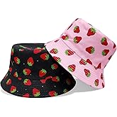 2PCS Black & Pink Strawberry Bucket Hats for Women & Men, UV Protection Summer Beach Hats, Foldable Sun Hats for Outdoor Activities