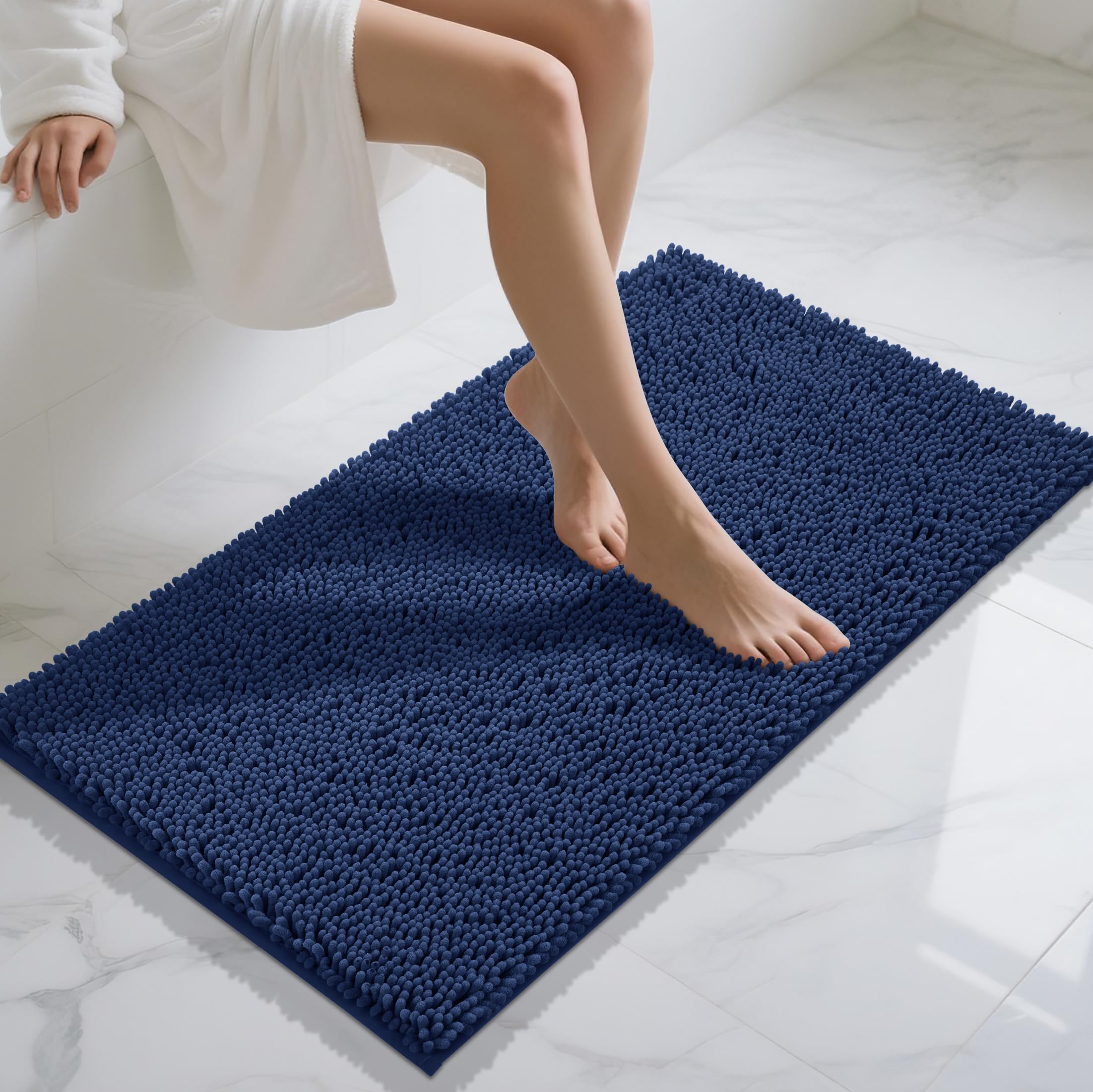 Yimobra Long Bathroom Rugs 44"x24", Extra Soft Non Slip Bath Mat for Tub, Super Absorbent Quick Dry Shaggy Rug Floor Carpet, Machine Washable,Navy Blue Image