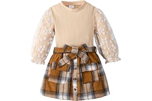 ADXSUN Girl Fall Outfits Long Sleeve Cute T-Shirt Tops+Plaid Skirts Set Winter Clothes 2-9T