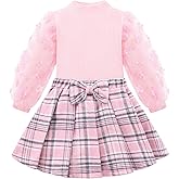 Bkixhv Toddler Girls Plaid Outfits Skirt Set Girl Fall Winter Clothes Puff Sleeve Knit Ribbed Sweatshirt Tops Plaid Skirt Set