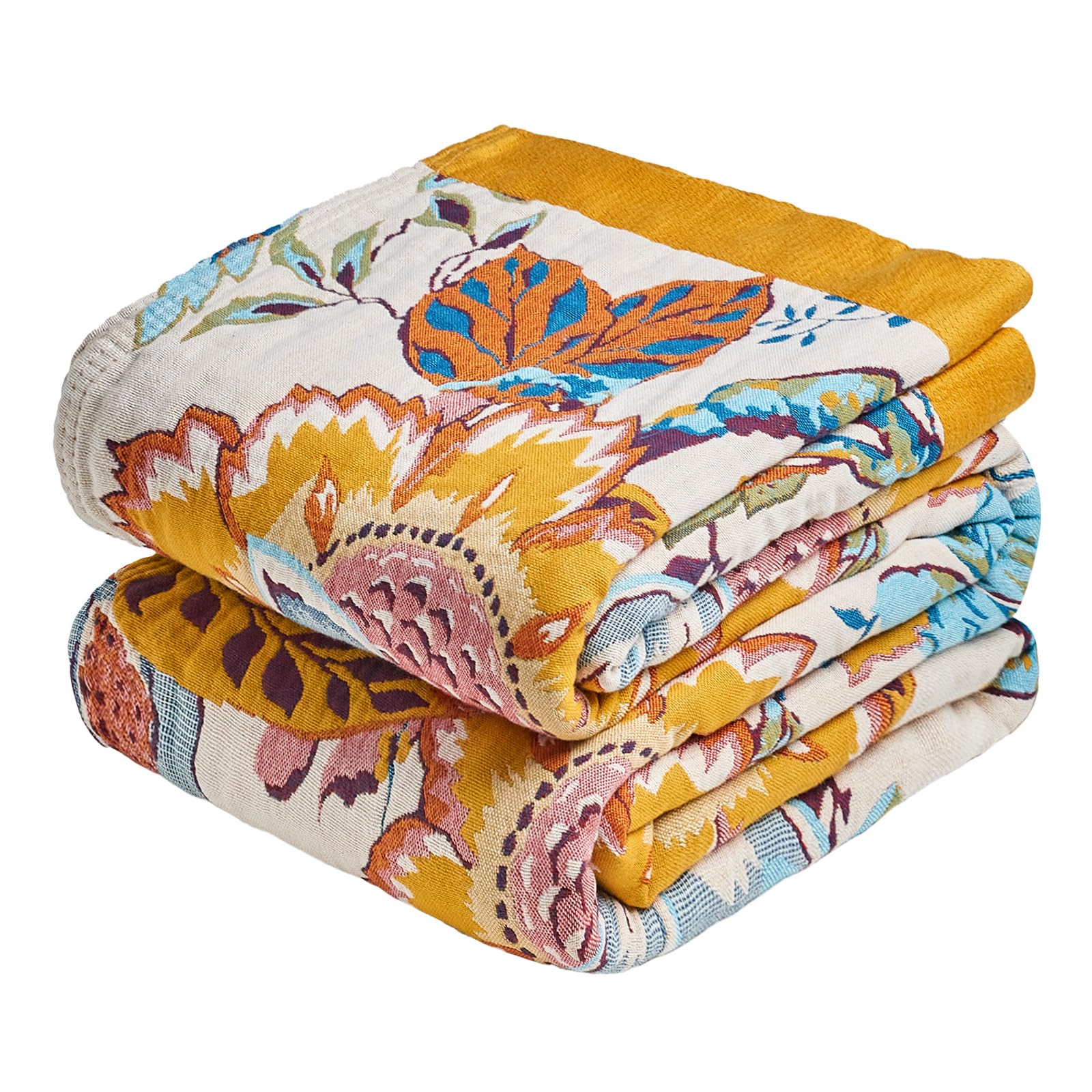MSGKV Boho Throw Blanket 50"x60" Floral Cotton Blanket for Couch Sofa Breathable Lightweight Farmhouse Blankets Home Decor Muslin All Seasons Image