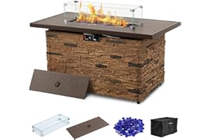 PIZZELLO 43” Propane Fire Pit Table Outdoor Rectangular Stone Firepit Table 50,000 Btu Propane Fire Tables for Outside Patio with Glass Wind Guard, Lid, Fire Glass Beads,Brown Rock Look