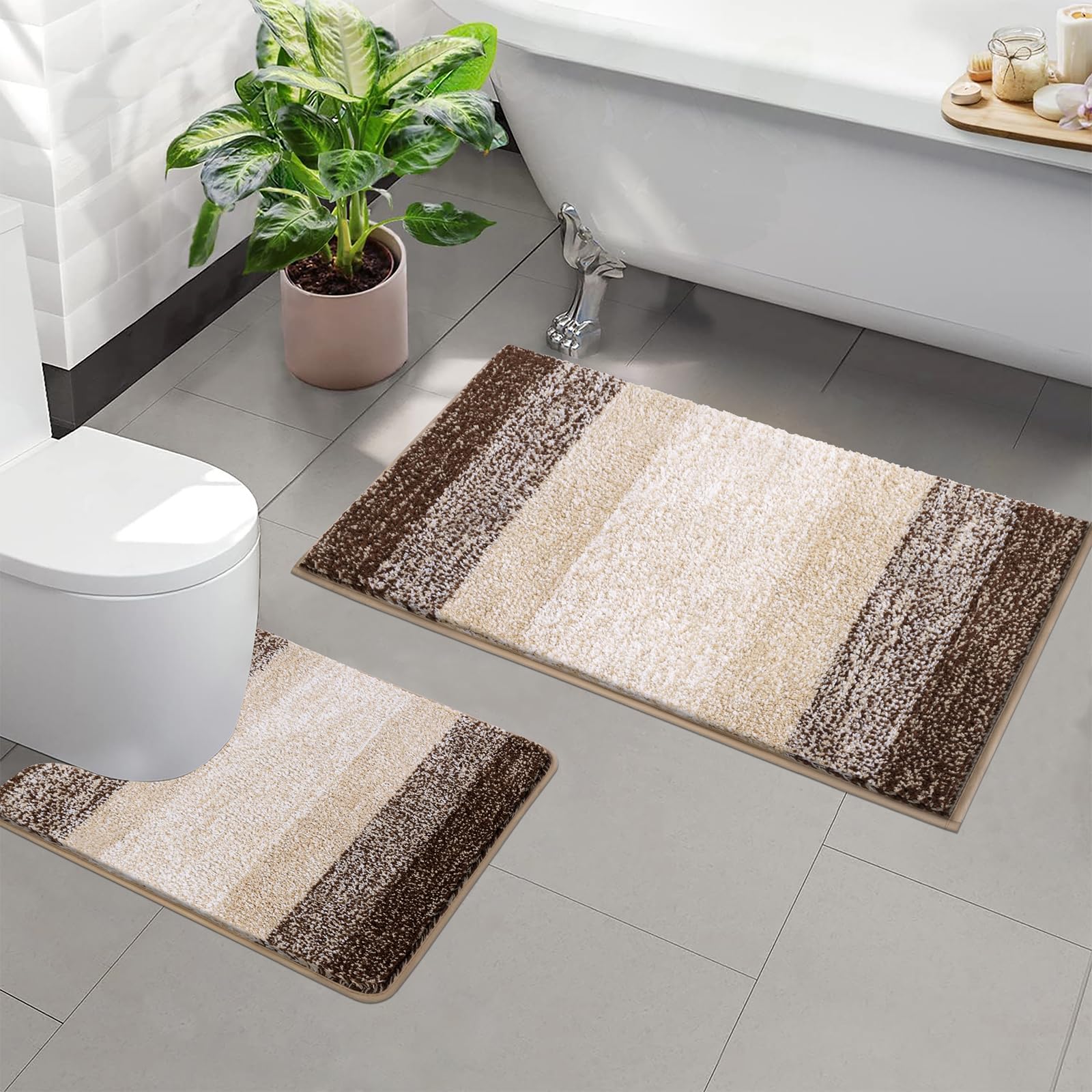 Enyhom Soft Bathroom Mat Set - 2 Piece Water Absorbent Bath Mats and Toilet Mat Set, Non Slip, Machine Washable, Coffee