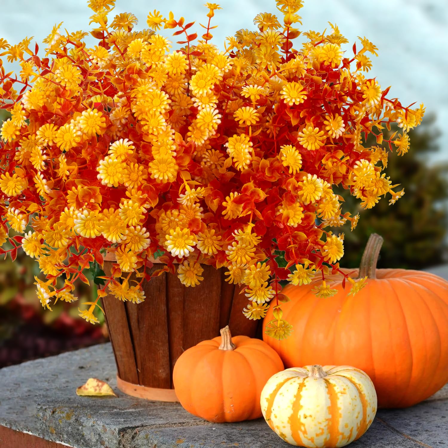 Photo 1 of 12 Bundles Artificial Fall Flowers for Outdoors Fake Plants - Faux Outside Greenery Boxwood No Fade Plastic Shrubs Decor Farmhouse Home Garden Thanksgiving (Fall Yellow)