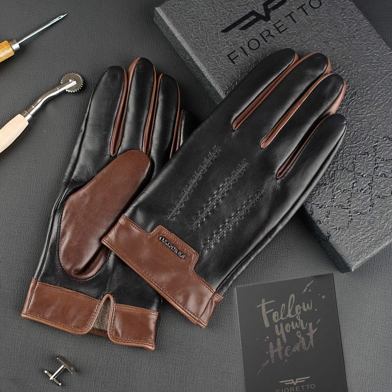 Fioretto Mens Winter Brown Leather Driving Gloves Touchscreen 2 Tone Cashmere Wool Liner