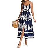 Kormei Women Summer Beach Dress Casual Boho Floral Sundress Spaghetti Strap Flowy Maxi Dresses with Pockets