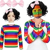 Mepase 4 Pcs Halloween Book Character Costumes Accessories for Women Rainbow Striped Shirt Black Short Curly Wigs and Pink Bow Hairpin Costume Adult Cosplay Dress Kit