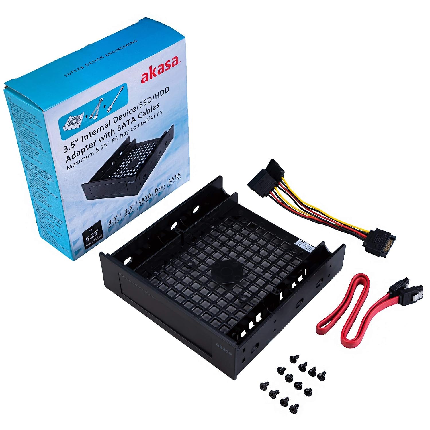 Akasa 5.25" SSD/HDD to 2.5/3.5" Adapter, Multicolour, Adapter with SATA Cables