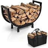 24-Inch Steel Firewood Rack with Log Carrier for Indoor &amp; Outdoor Use | Heavy-duty powder-coated steel rack with matching log carrier keeps 6&ndash;8 logs organized, clean, and always within easy reach.