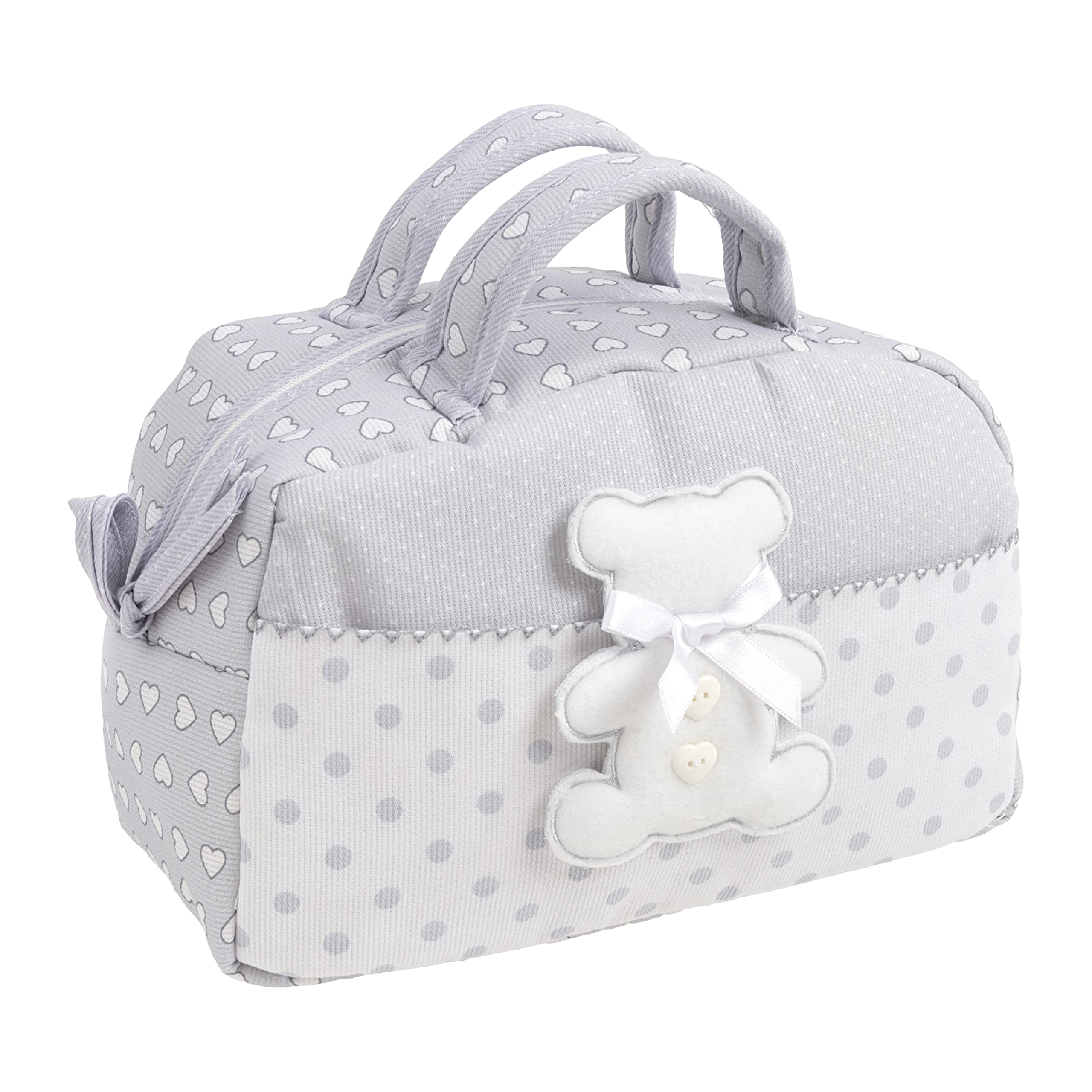 FILET - Beauty Case with Handles and Zipper, with Teddy Bear Embroidery, Made of Padded Cotton, Ideal for Baby Care Products, 100% Made in Italy, Colour Grey