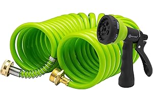 AUTOMAN EVA Recoil Garden Hose 25ft - Includes 7 Pattern Spray Nozzle,Curly Water Hose 25 Foot,Watering Hose Coil,Retractable,Corrosion Resistant Garden Coil Hose.Green