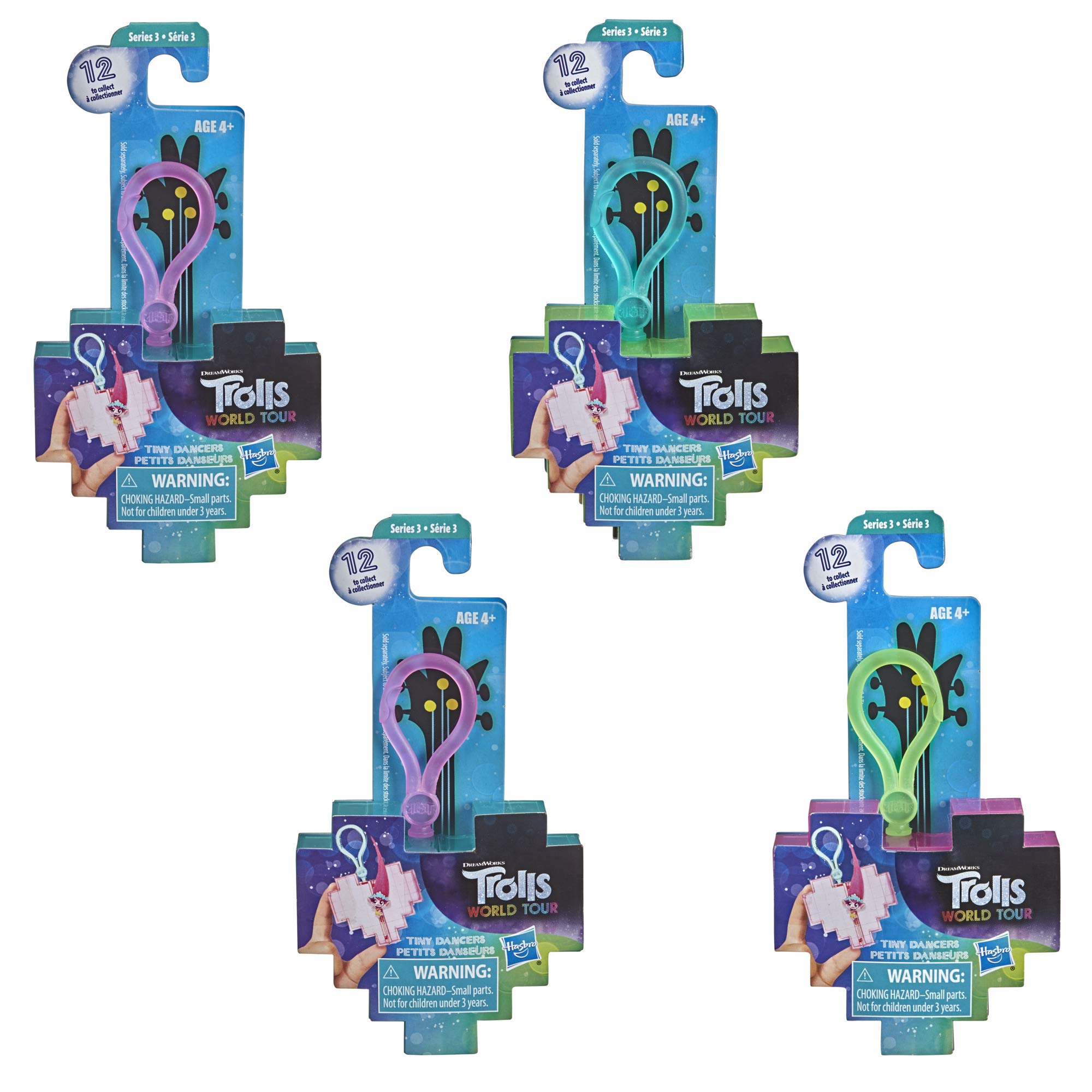 Trolls DreamWorks World Tour Tiny Dancers Surprise 4-Pack Series 3, Tiny Dancers Dolls, Clips, Rings, and Glasses, Toy for Kids 4 and Up