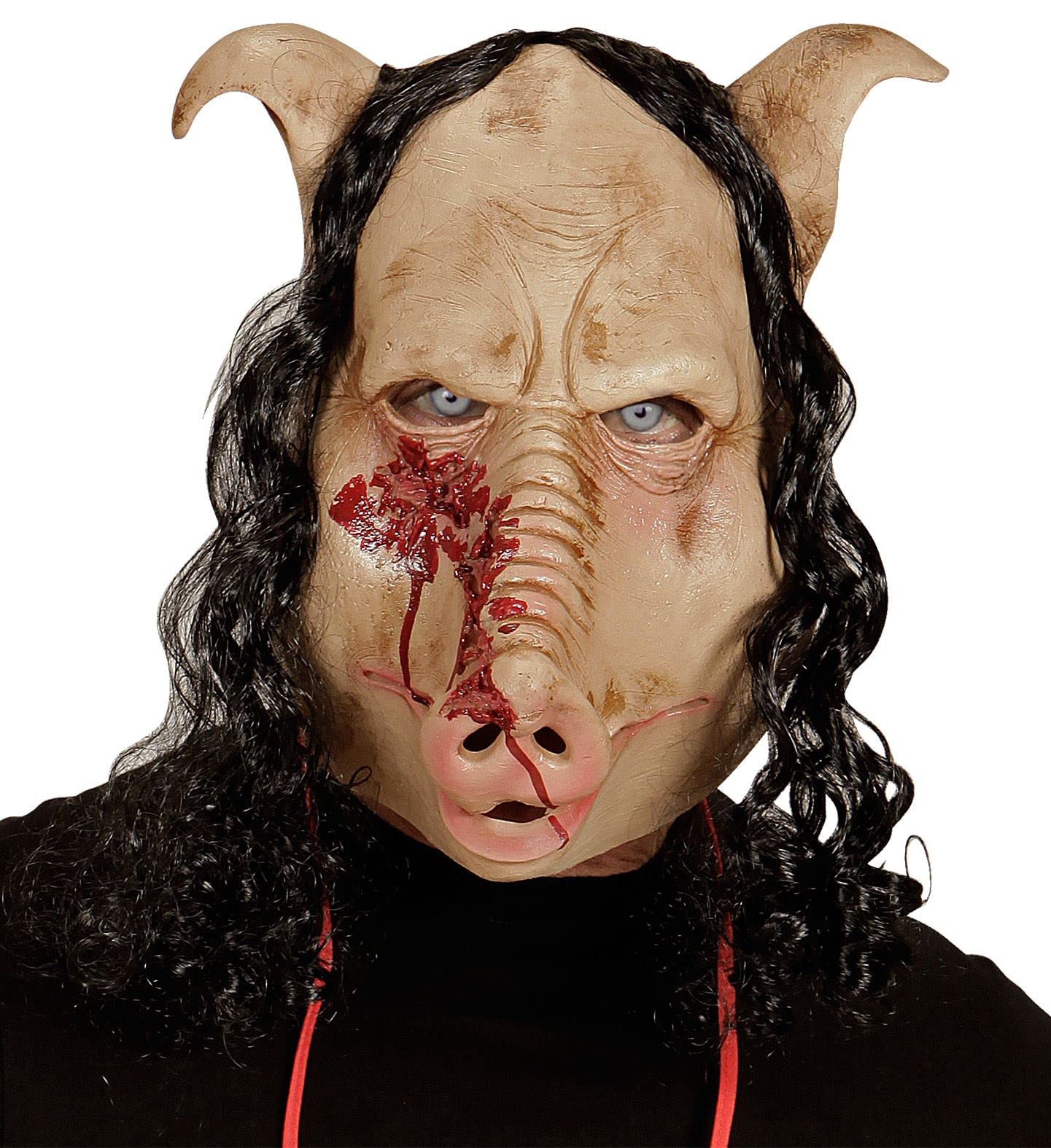 Butcher Shop Pig Mask with Hair Full Head Halloween Fancy Dress Accessory