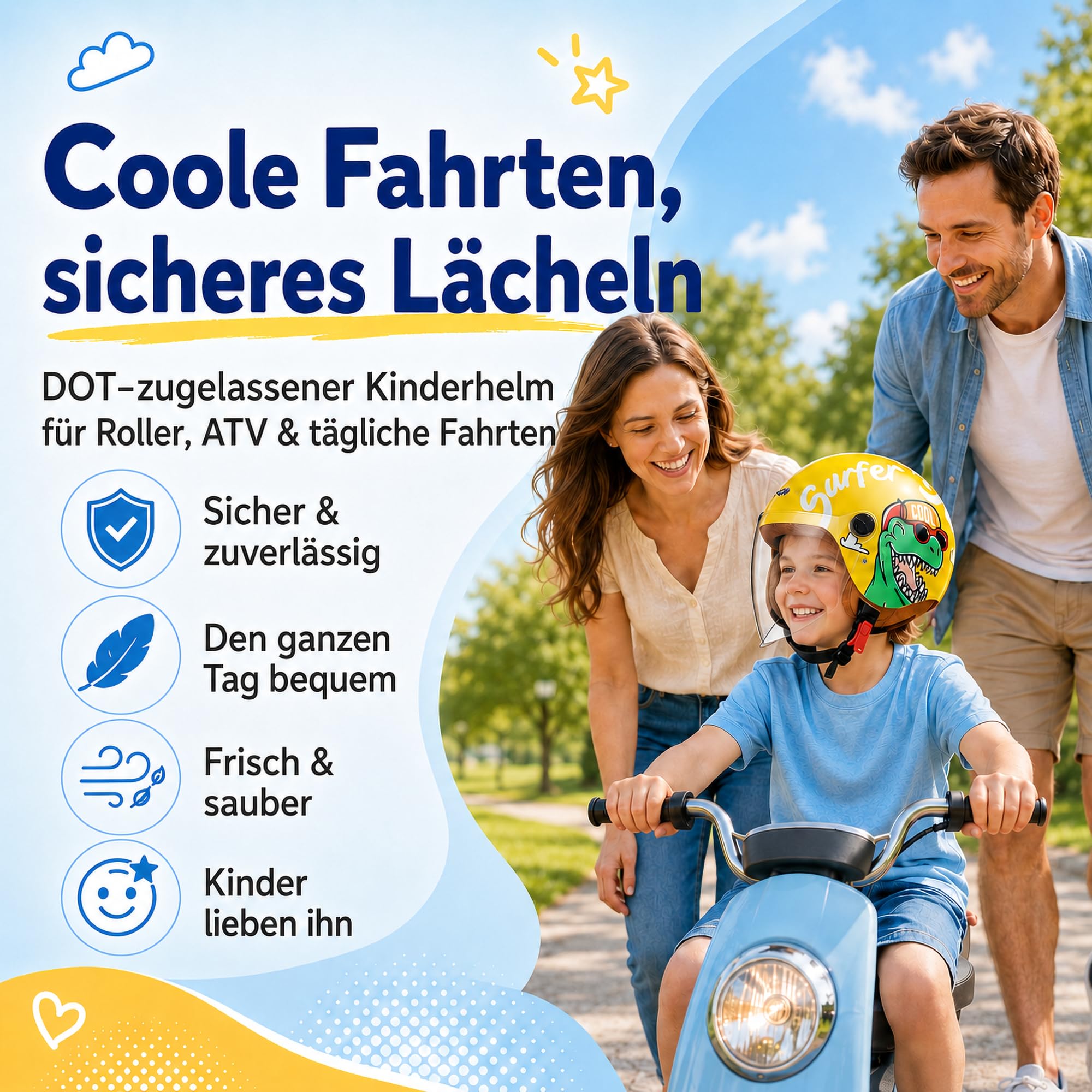 FREEUP Motorradhelm Kinder Mädchen Junge, Kid Jet Helm mit Visier, Dinosaurier Mofa Helm Kids Scooter Fahrradhelm, Schnellverschluss, Herausnehmbar, Waschbar, 48-55cm, Gelb 2