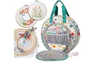FINPAC Embroidery Project Bag, Embroidery Supplies Storage Carrying Tote Case with Multiple Pockets for Floss, Hoops, Thread, Stitch Tools Kit [Bag Only], Apricot Bloom