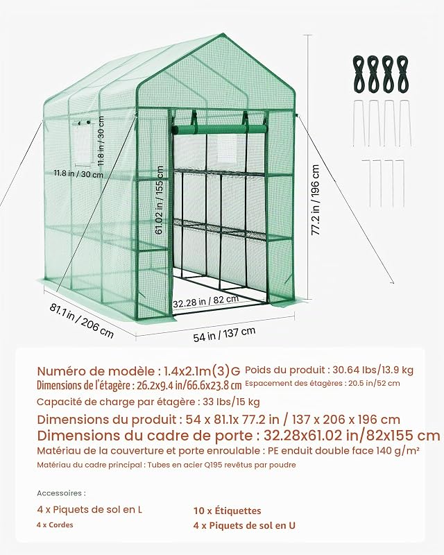 Serre de Jardin avec 14 Étagères 2 Niveaux Serre de Jardin pour Plantes et Fleurs en Pot, avec Bâche en PE, 2 Fenêtres, Porte Zippée Enroulable, Charge par Niveau 15 kg, 137x206x196 cm, Vert