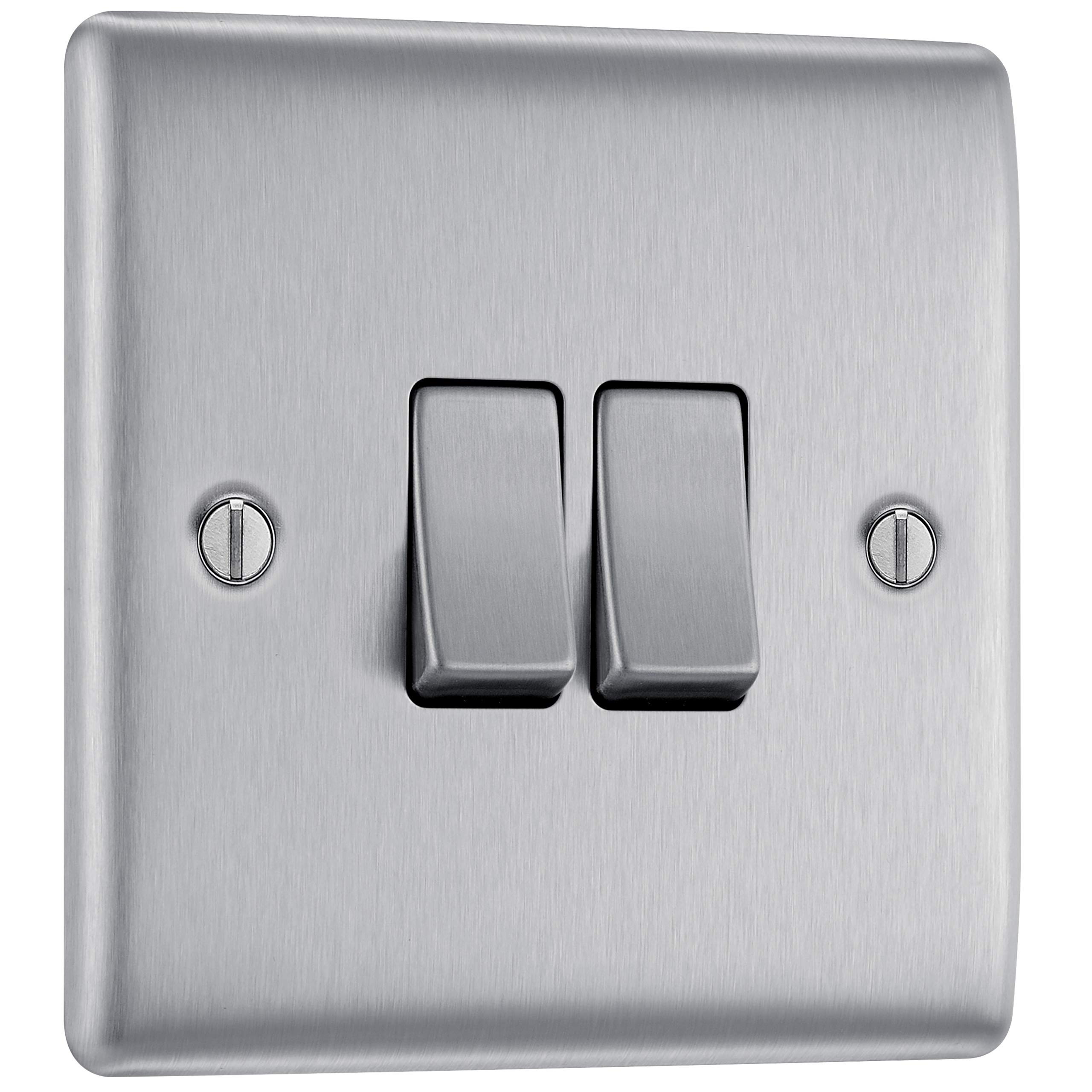BG Electrical Double Wall Light Switch, 2 Way, Raised and Slim Profile, Round Edges, Nexus Metal, Brushed Steel, 20A, 16AX, NBS42