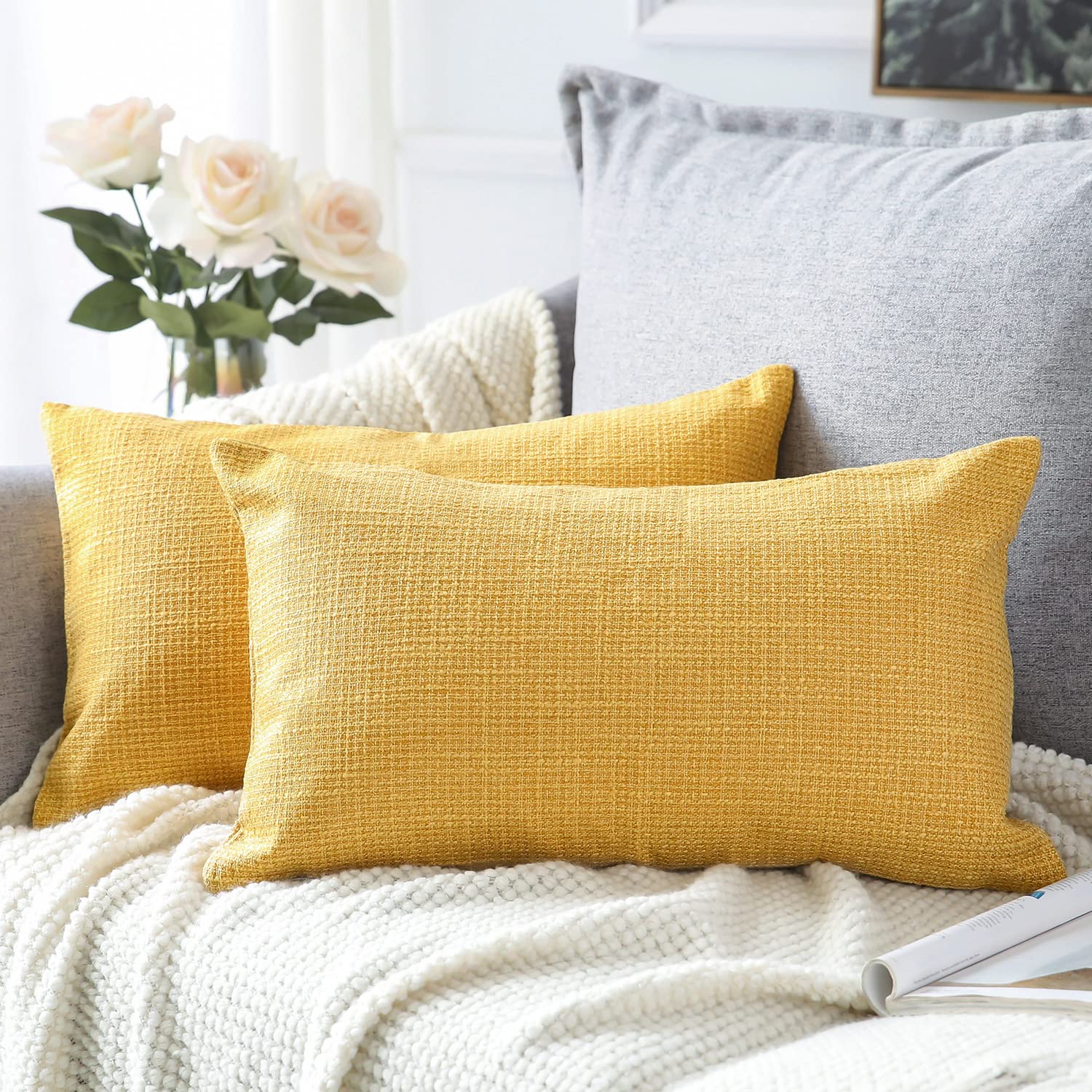 Artscope Yellow Cushion Cover Set of 2 Linen Decorative Square Pillowcase Pillow Cover 30x50cm for Home Decor Sofa Bedroom Car 12x20 Inch