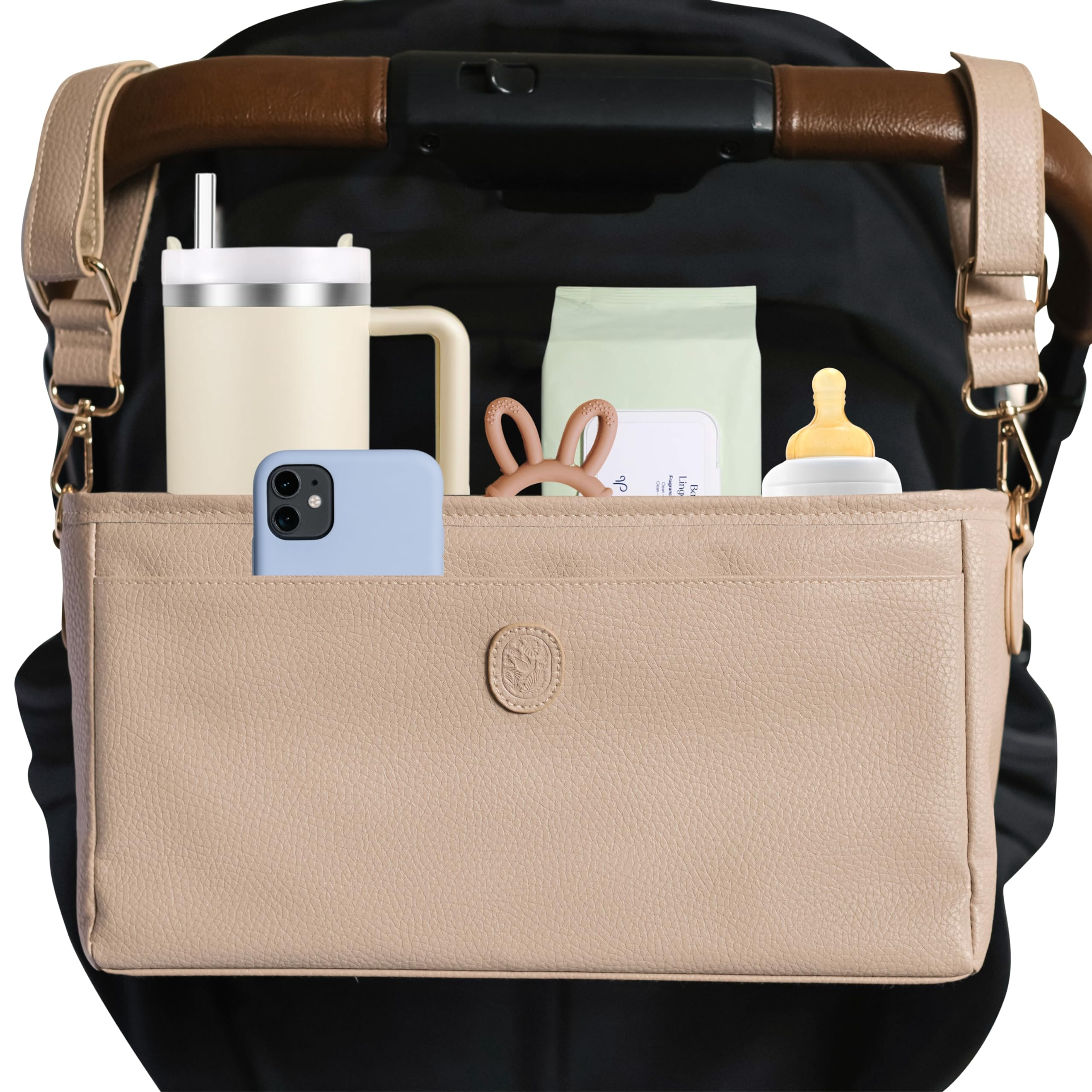 Vegan Leather Stroller Caddy with Cup Holder - Universal Stroller Organizer with Cup Holder, 4 Built-In Pockets, Shoulder Strap, Stroller Cup Holder fits Mockingbird, UppaBaby, Nuna, BOB, and More