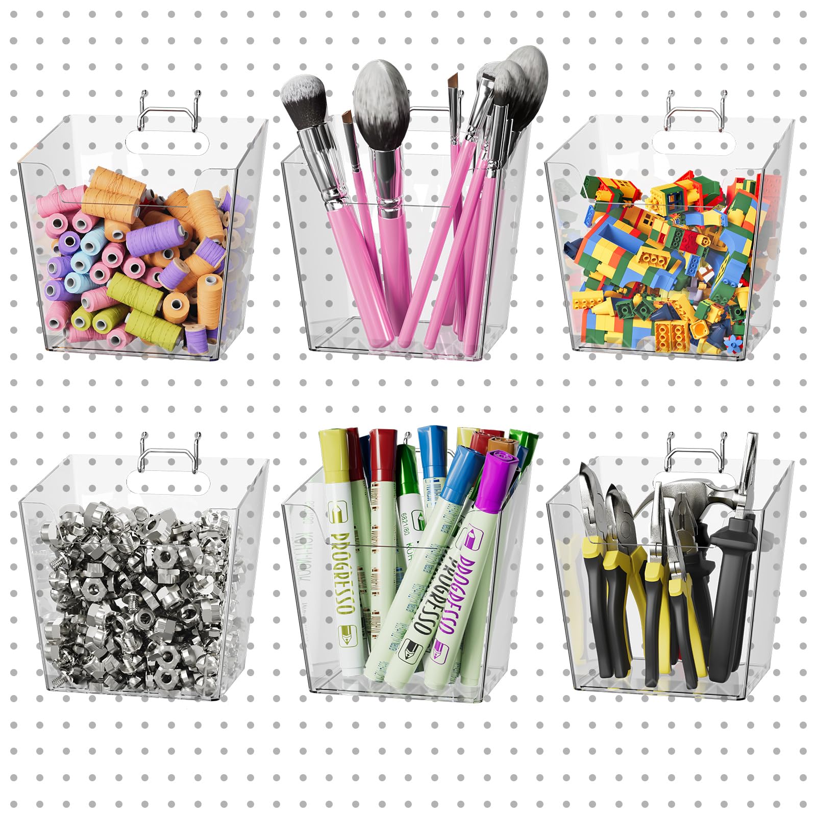 Photo 1 of G.CORE Large Pegboard Cups Peg Board Storage Bin 6 Pack with Hooks, Square Box Shape Pegboard Cup Holder Accessories for Garage Workbench/Craft Room/Office/Playroom/Home Kitchen Organization (Clear)
