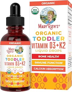 MARYRUTH'S Organic Toddler Vitamin D3+K2 Liquid Drops, Unflavored, 1 fl oz | Bone Health & Immune Function, Supports Calcium 