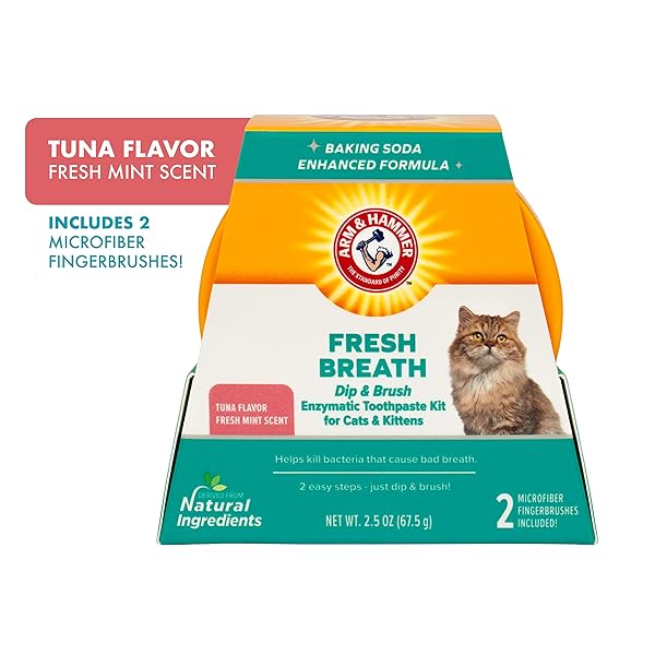 ARM & HAMMER DIP & BRUSH FRESH BREATH ENZYMATIC TOOTHPASTE KIT FOR CATS AND KITTENS WITH 2 MICROFIBER FINGER BUSHES, 2.5 OUNCES, TUNA FLAVOR | CAT DENTAL CARE KIT