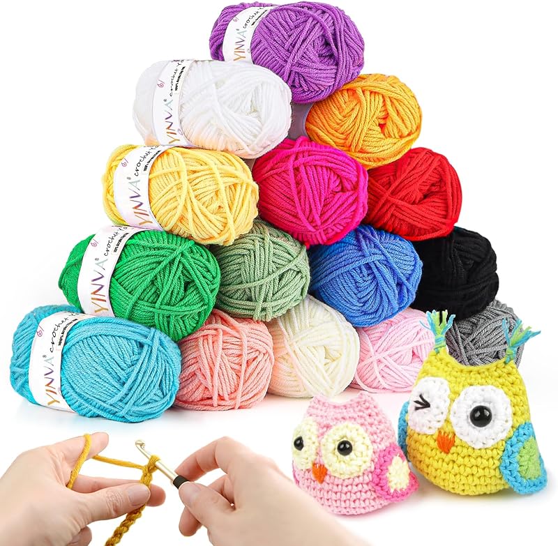 YINVA Crochet Yarn Set 15 Colors 25g 70m Acrylic Wool for Beginners