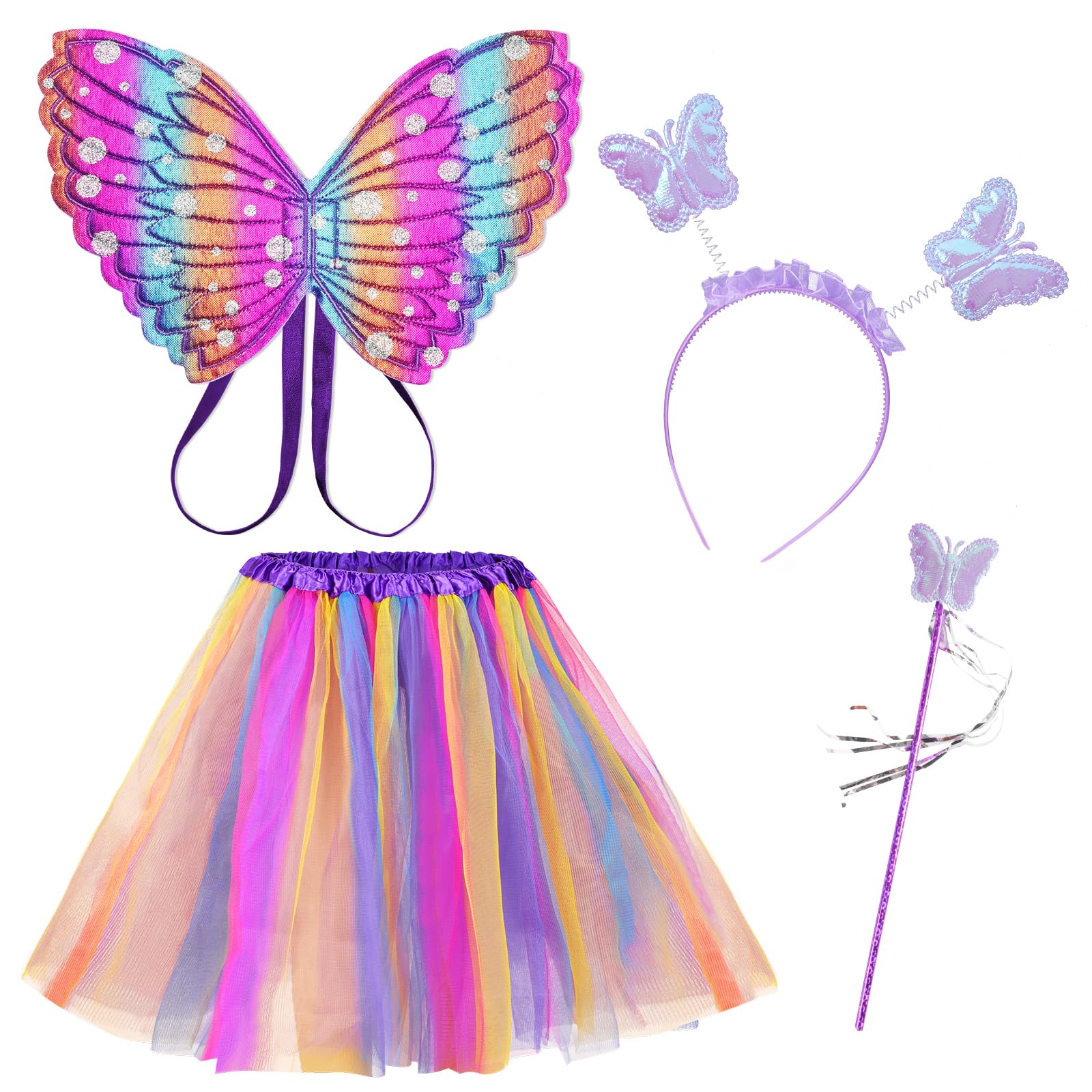 AUYAO 4Pcs Kids Butterfly Wings Costume Set, Fancy Dress Up Butterfly Wings Cape Kids, Princess Fairy Costume Fairy Butterfly Wings Set with Tutu Skirt, Girls Butterfly Dress up for Halloween(Fuchsia)
