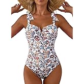 Aleumdr Women's One Piece Swimsuits Tummy Control Bathing Suits V Neck Boho Tie Shoulder Ruched Full Coverage Swimwear