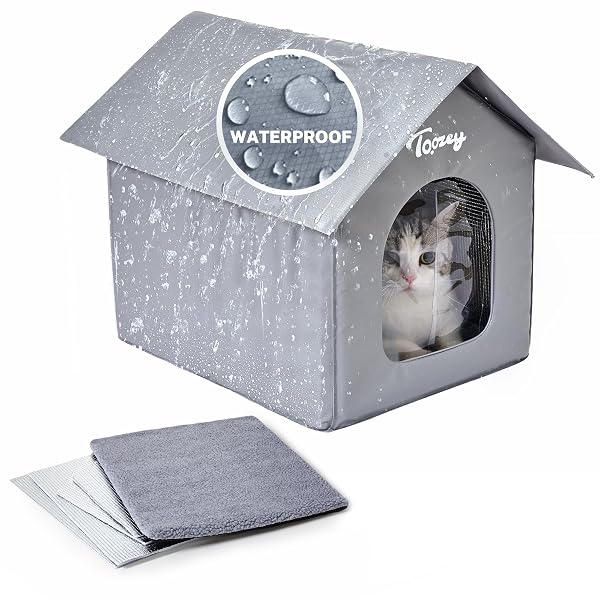 TOOZEY INSULATED OUTDOOR CAT HOUSE WITH 4 BONUS INSULATION SHEETS – WEATHER-RESISTANT, EASY ASSEMBLY, DURABLE FERAL CAT SHELTER WITH REMOVABLE SOFT MAT FOR WINTER PROTECTION, GREY