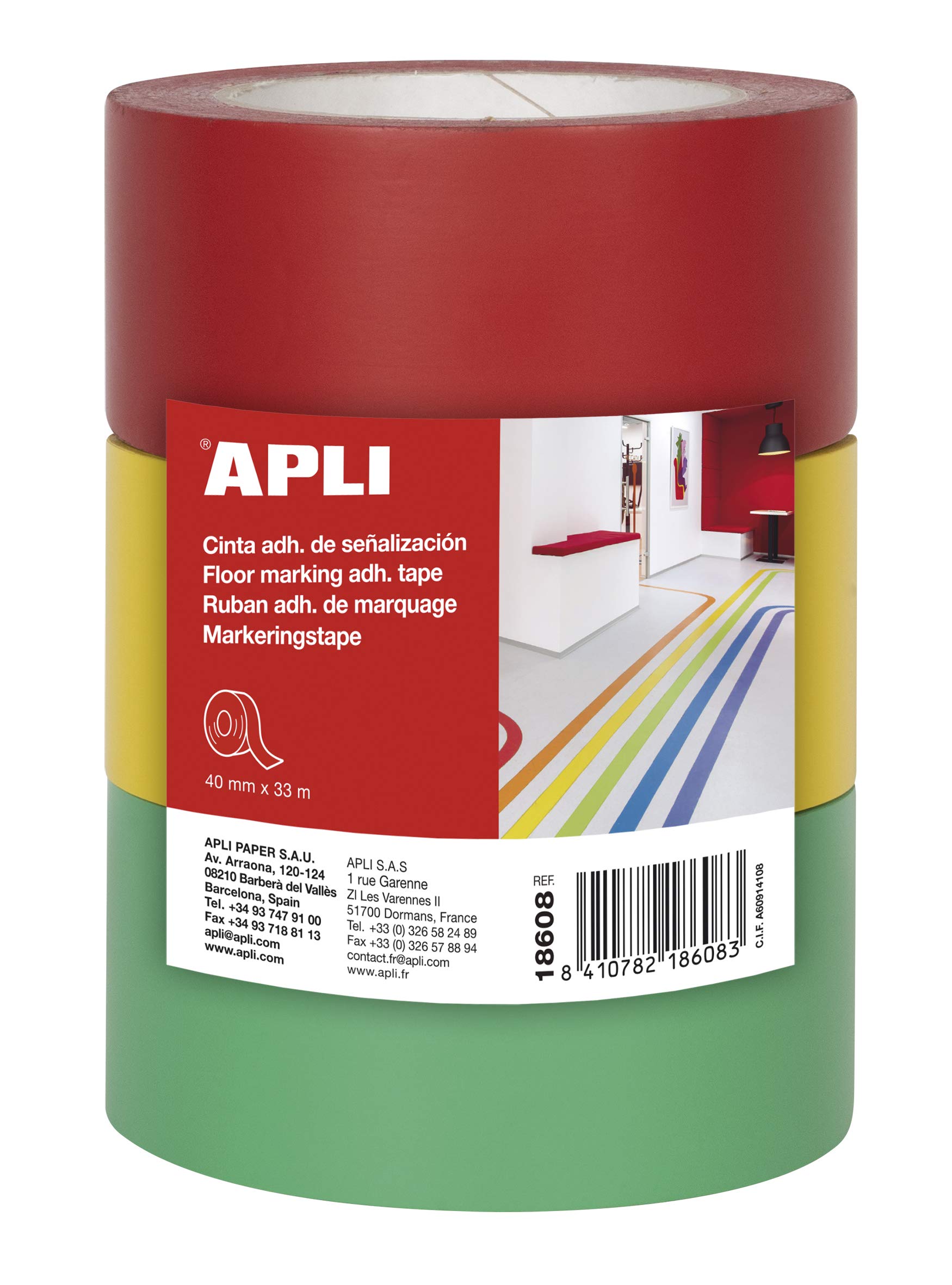 APLI 18608 – Pack of 3 PVC Marker Tape Red, Yellow and Green 40 mm x 33 m 160 μm