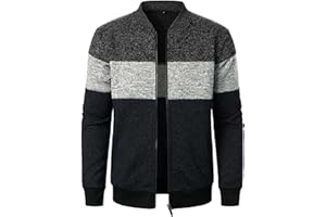Men's Classic Band Collar Full Zip Color-Block Stripe Cable Knitted Cardigan Sweaters Coat Slim Fit Warm Tops