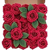 BLISOUL Artificial Flowers Foam Fake Roses 25pcs Red Roses with Stems for Home Decor DIY Wedding Bouquets Party Bridal Shower Centerpieces Faux Flower Arrangements Tables Decorations