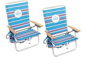 Tommy Bahama 2-Pack 4-Position Extended 12.8" Seat Height Easy in-Easy Out Folding Backpack Beach Chair, Logo Stripe
