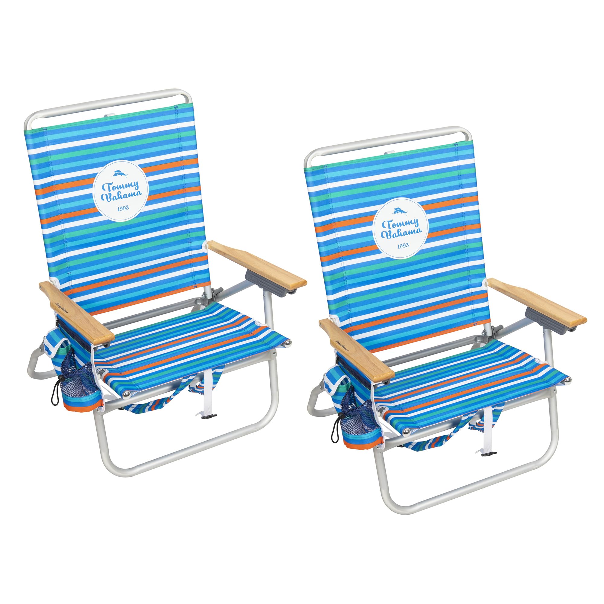 Photo 1 of **Only one** Tommy Bahama 2-Pack 4-Position Extended 12.8" seat Height Easy in-Easy Out Folding Backpack Beach Chair, Logo Stripe