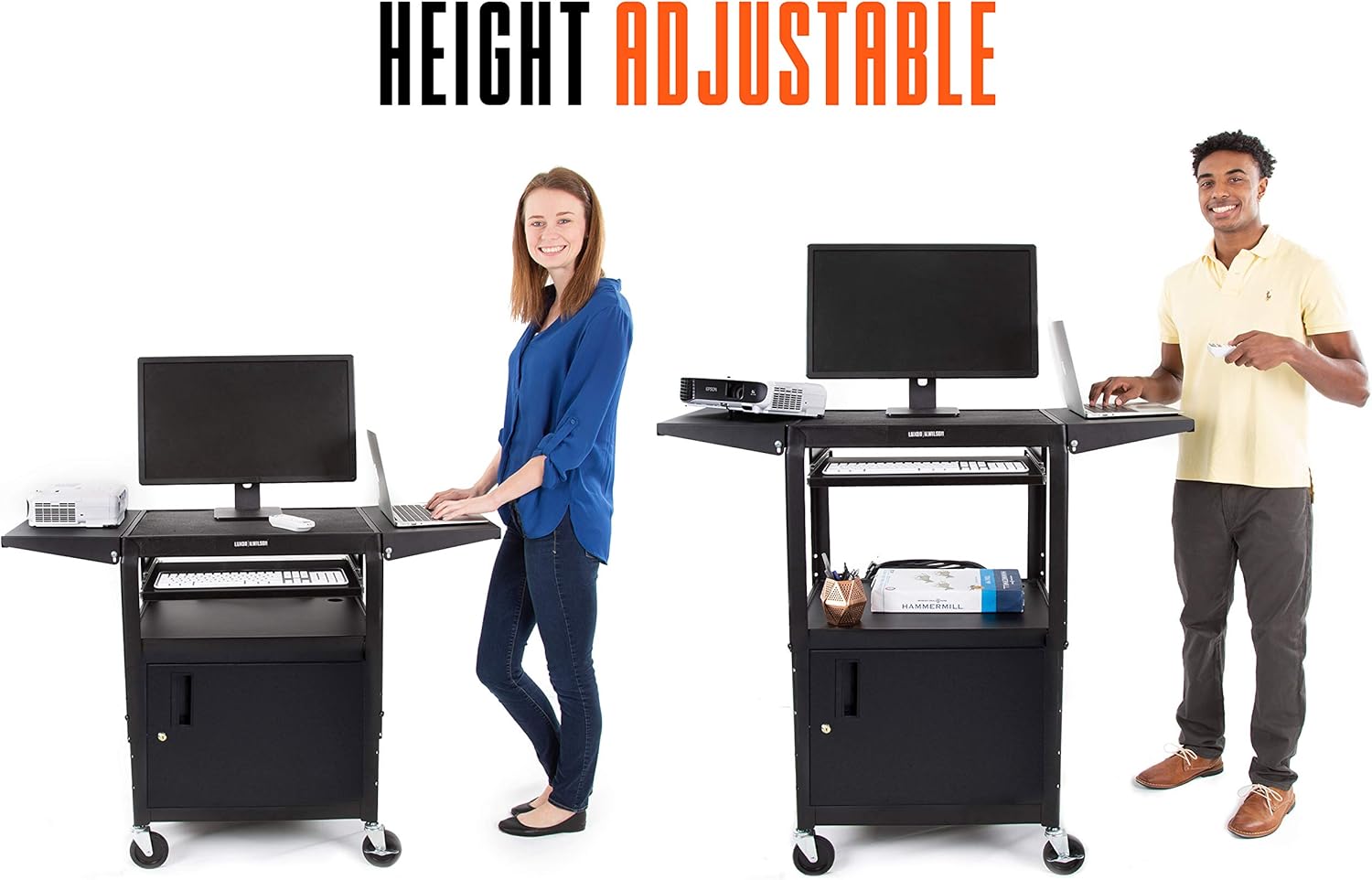 Line Leader AV Cart with Locking Cabinet and Drop Leaves - Height Adjustable Utility Cart with Extra Storage - Power Strip and Cord Management - Great for Presentations (Black / 46 x 18) : Office Products