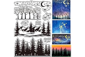 CRASPIRE Forest Starry Sky Clear Stamp for Card Making Star Moon Mountain Pine Tree Rubber Silicone Reusable Transparent Seal for Christmas Envelope Journaling DIY Scrapbooking Embossing Craft