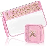 BuyCard 2 Pcs Lacrosse Gifts Makeup Bag with Chenille Letter Patch, Clear Cosmetic Pouch PVC Organizer Purse, Waterproof Travel Bag, Portable Toiletry Storage Bag for Her Girls Friends Women