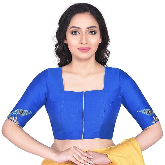 Women's Cotton Tussar Embroidered Blouse(D-1005399-Blue)