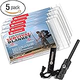 Emergency Survival Blanket 5 Pack - Mylar Thermal Blankets & Magnesium Survival Fire Starter with Compass & Emergency SOS Whistle – Ideal Cold Weather Survival Kit