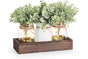 Mkono Mason Jar Lights Table Centerpiece for Dining Room Fake Eucalyptus Plants Christmas Table Decor for Kitchen Coffee Table Living Room Bathroom